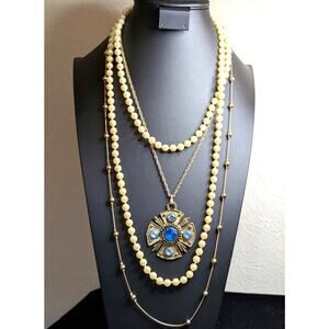 Layered Blue Rhinestone Faux Pearl Beaded Gold Tone Chain Lot of Three Necklaces
